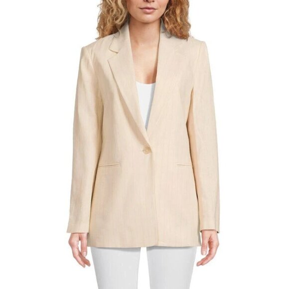 DKNY Women's Unconstructed Striped Linen Blend Blazer Beige Size 8 MSRP $169